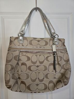 Coach Signature Beige Tote with Silver Accents